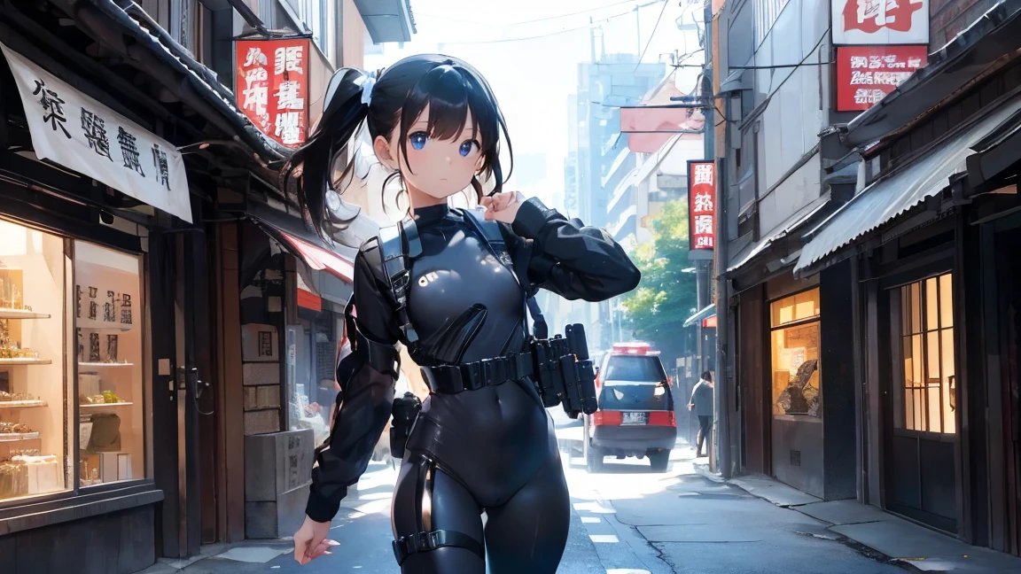 high resolution、High definition、High sensitivity、8k.Japanese、、1、cute、Idol face、Two Side Up Hair、slender、Mid-chest、(black and white high leg bodysuit:1.2)、See-through、Harness Belt、Gun Holder、（POLICE armband:1.3)、Vibrant、（Hold a gun、Firing：1.3）、bustling street、