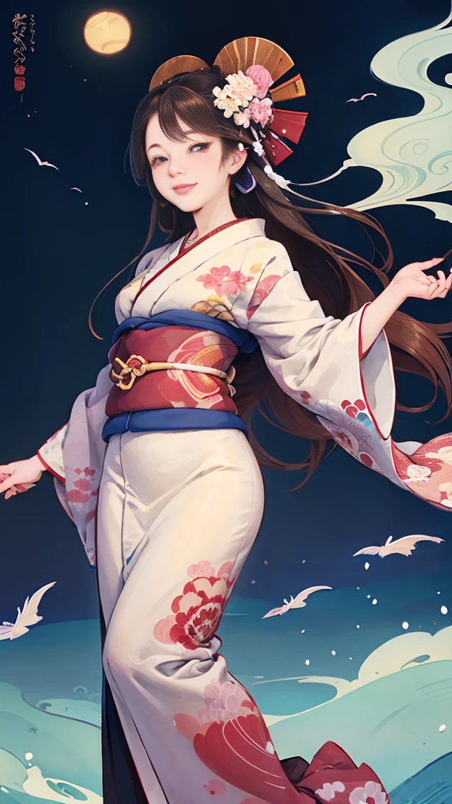A beautiful woman smiles and shows her upper white teeth、Vividly colored Japanese Ukiyo-e style illustrations、(SeaArt creates stunning illustrations of beautiful women in kimono)、Brown-black long hair、Beautiful full body style、Let's dance a little Tokyo Ondo Yoiyoi、Beautiful new digital paintings,、Bright vibrant digital anime art、 Detailed digital anime art、 Beautiful anime portraits、background、Torii gate of a shrine in Kyoto, Japan、Detailed CG、