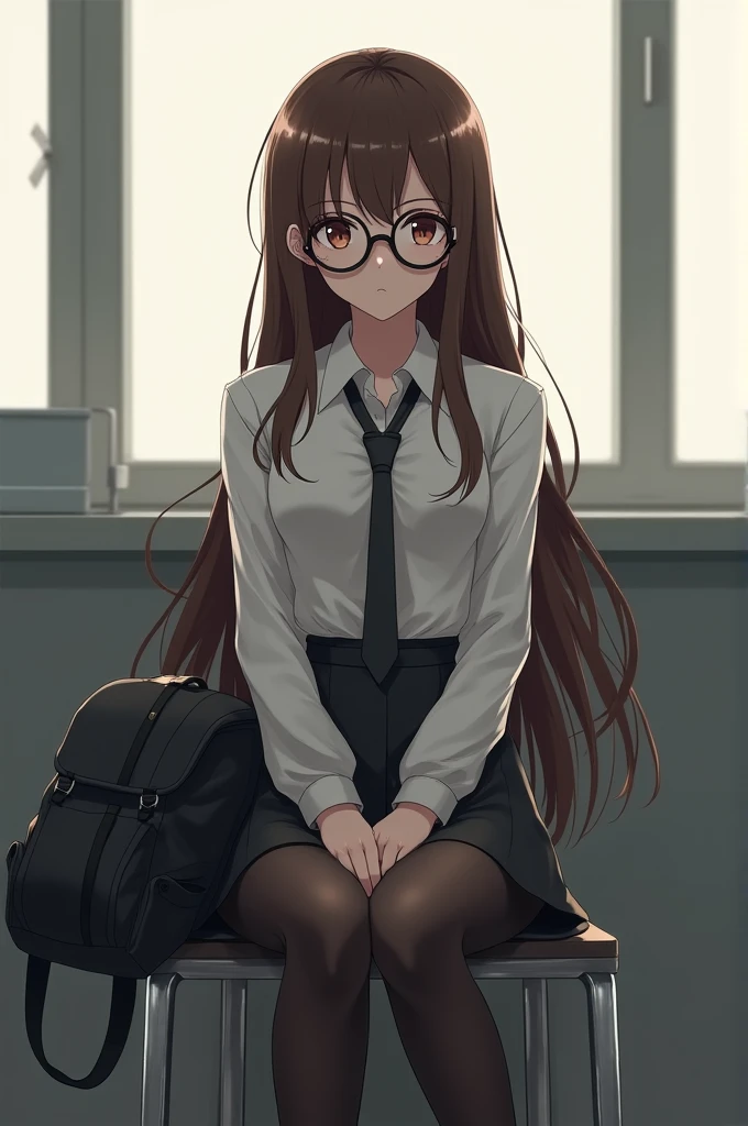 anime Woman, long brown hair, long sleeved white shirt, tie, tights, skirt, backpack, round glasses, serious and empty look, sitting on a chair