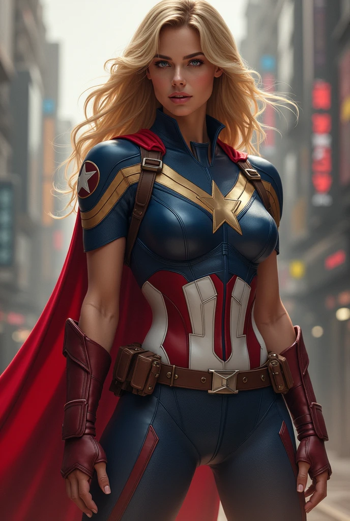 Woman captain America
Without mask 
Hip visible
Boobs are big
Leg are perfect
