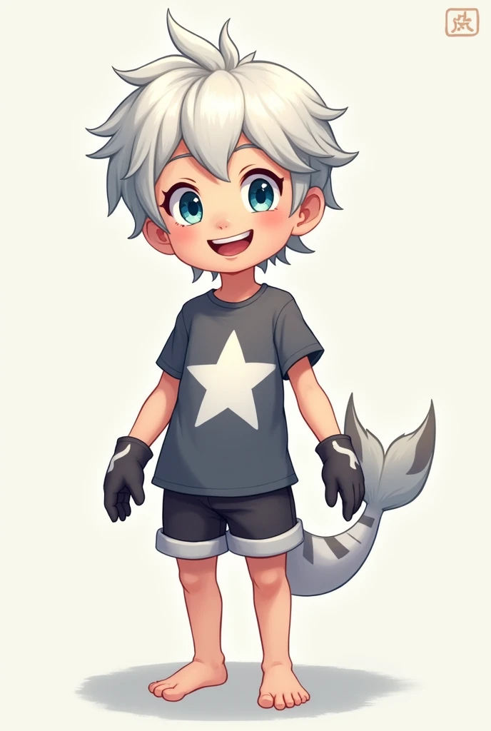 blue eyed boy, by white, grey t-shirt with white with white star logo, elastic bands, grey gloves with white, light black shorts, white fishtail with grey, he has no shoes, animated smile