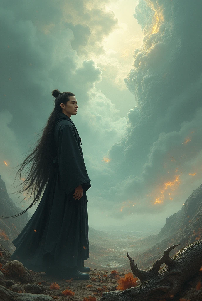 A young man with long hair on his back, tied with a tail and practices the path of the Dao in appropriate black clothing, while in the distance you can see a battlefield with dead species of elves, dragons, giants among others while the sky collapses. Make it lively and bizarre