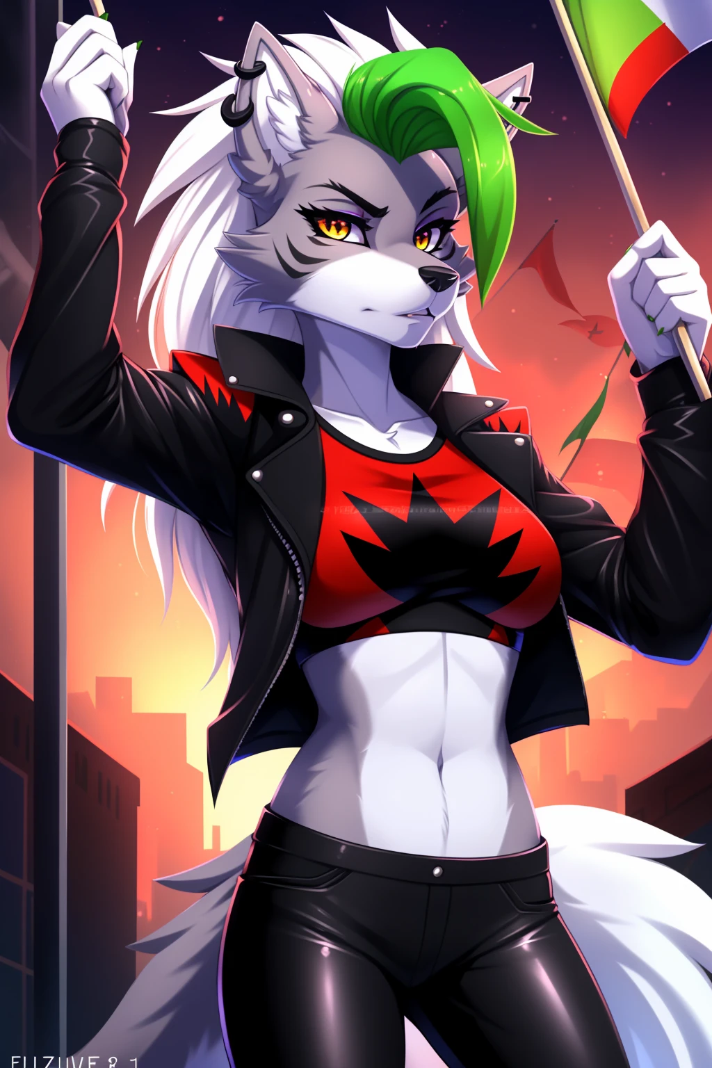 By zinfyuu on pixiv,by twistedscarlet60, uploaded on pixiv, by fluff-kevlar, (masterpiece), (best quality), (anthro furry:1.3, snout:1.2, anthro:1.3, furry:1.2, solo female:1.2), (extremely detailed:1.3), (Detailed eye part: White lens, yellow iris,black cornea), tall, slim body, grey fur, roxanne, roxanne wolf, black leather jacket, black jacket, leather jacket, black leather pants, black pants, leather pants, sunglasses, serious face, hands up, holding flags, flags in hands