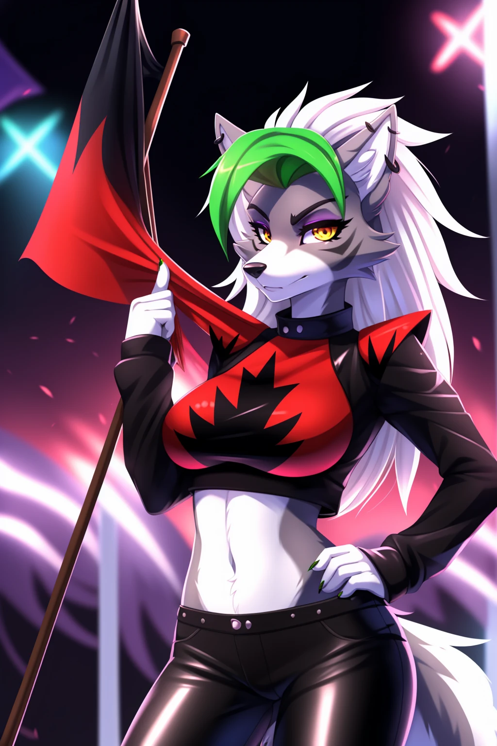 By zinfyuu on pixiv,by twistedscarlet60, uploaded on pixiv, by fluff-kevlar, (masterpiece), (best quality), (anthro furry:1.3, snout:1.2, anthro:1.3, furry:1.2, solo female:1.2), (extremely detailed:1.3), (Detailed eye part: White lens, yellow iris,black cornea), tall, slim body, grey fur, roxanne, roxanne wolf, black leather jacket, black jacket, leather jacket, black leather pants, black pants, leather pants, sunglasses, serious face, hands up, holding flags, flags in hands