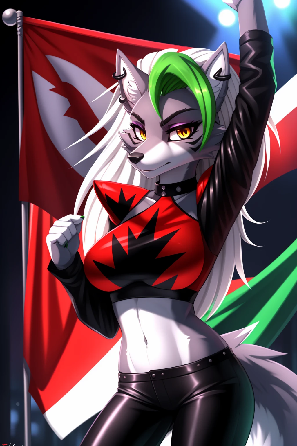 By zinfyuu on pixiv,by twistedscarlet60, uploaded on pixiv, by fluff-kevlar, (masterpiece), (best quality), (anthro furry:1.3, snout:1.2, anthro:1.3, furry:1.2, solo female:1.2), (extremely detailed:1.3), (Detailed eye part: White lens, yellow iris,black cornea), tall, slim body, grey fur, roxanne, roxanne wolf, black leather jacket, black jacket, leather jacket, black leather pants, black pants, leather pants, sunglasses, serious face, hands up, holding flags, flags in hands