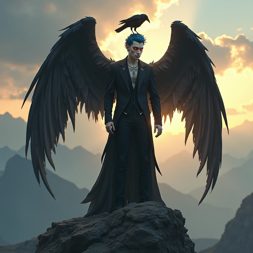 Angel male 30 years old, pale skin, luminescent red eyes, blue hair, big and black bat wings, wearing black suit, with piercings and old tattooed symbols, holding a crow on top of mountain in sunrise., messy hair, Hyperrealism, god rays, glowing light, UHD, anatomically correct, 1080P