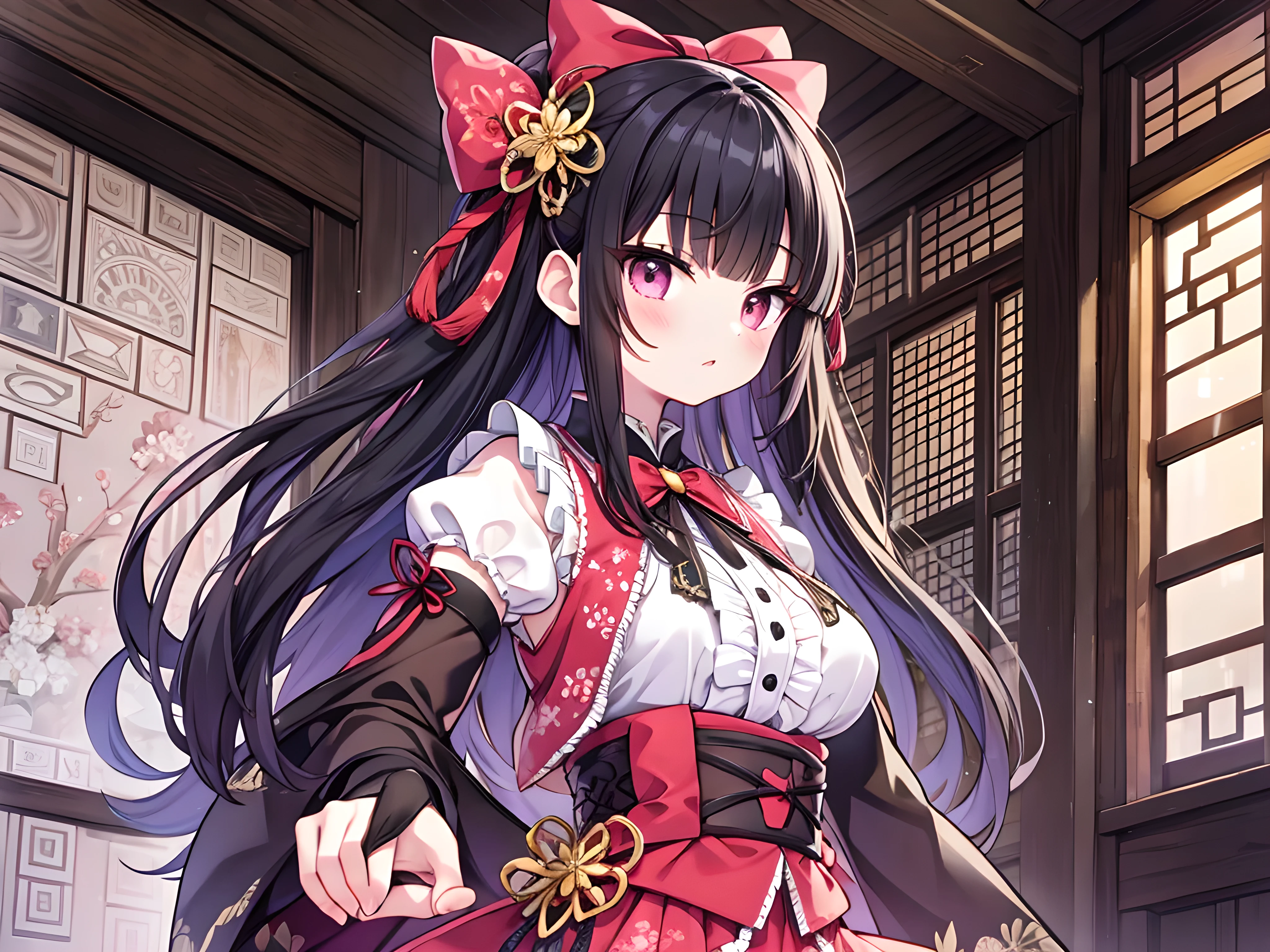 masterpiece,best quality,very aesthetic,absurdres,
japanese style,Checkerboard pattern background,solo,bamboo,looking at viewers,Dull colors,
full body,stand,1 ,slender body,face,big eyes,(eyeshadow:0.6),eyelash,lips,Red lipstick,(black hair,blunt bangs,straight long hair:1.1),hairpin,large hair ribbon,flower ornament,medium breast,Oriental Design,kimono,(Lolita Dress:1.2),Layered mini skirt,Panier skirt,Epaulets,corsage,vest,Silver embroidery,Gold Button,Ribbon decoration,frills,lace,leather elbow gloves,Lace-up,light gray tights,Lace-up knee-high zouri,White,red,pink,gray,Purple,