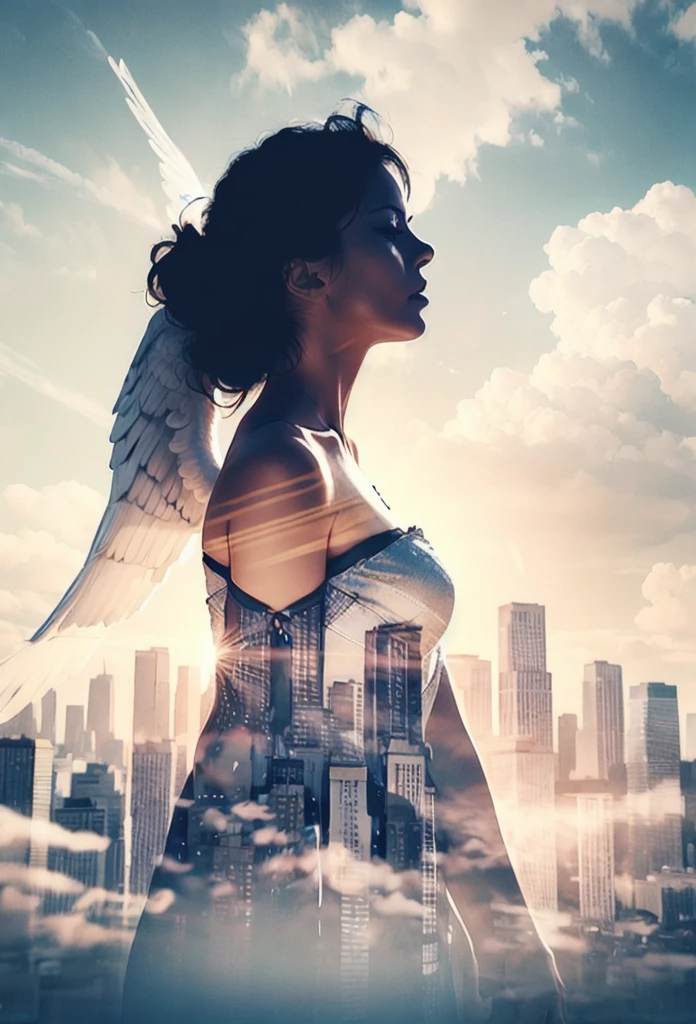 Double exposure，8K，Masterpiece，Best quality，Realistic 8K stock photos，(Pretty girl in flowing dress，The girl has angel wings on her left shoulder, and devil wings on her right shoulder.)，(City background inside the silhouette of the girl，The left city is heaven，The right city is heaven），Clear day outdoor blue sky，Clump of clouds，Halo，