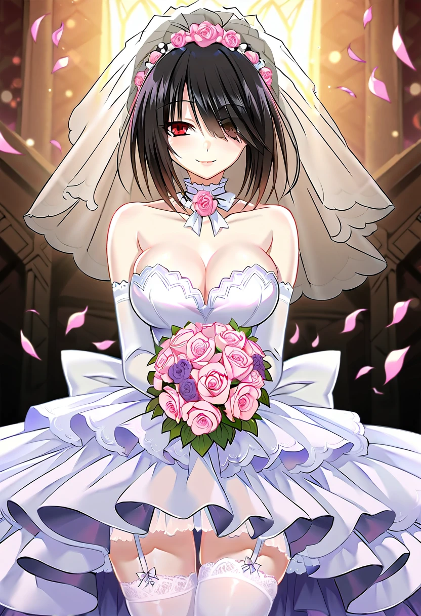 tokisaki kurumi,((masterpiece)),(((best quality))),((ultra-detailed)),((illustration)),((disheveled hair)),((frills)),(1 girl),(solo),
1girl,bouquet,breasts,dress,elbow gloves,flower,garter straps,gloves,heterochromia,pink flower,pink rose,purple rose,rose,rose petals,smile,thighhighs,veil,wedding dress,white legwear,full shot,red eyes,hair over one eye,