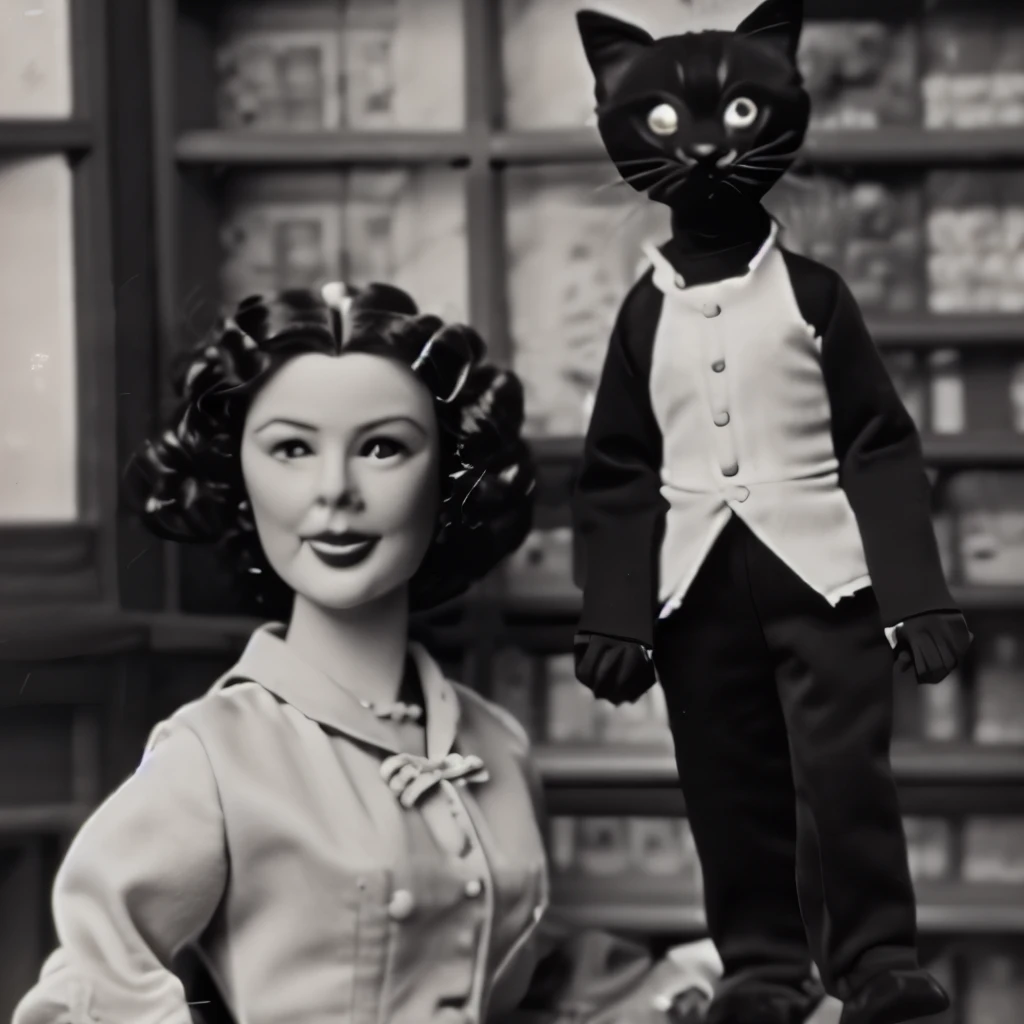 １９５０TV puppet shows from the 1960s、Monochrome、CRT TV screen、Staff operating the black cat puppet