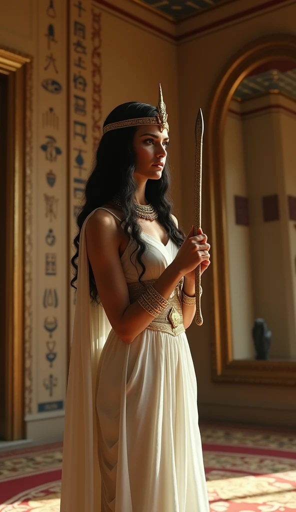 Close-up shot, Low angle shot, (Cleopatra stands in her private chambers, holding the asp close to her chest. Her expression is one of calm determination, her eyes reflecting knowledge and resolve. She is dressed in a beautiful white gown with gold accents and intricate jewelry. The chamber walls are adorned with hieroglyphics, and the floor is covered in lush, patterned carpets. A large, ornate mirror reflects her image, emphasizing her royal stature.) unreal engine, cinematic, hyper-real, highly detailed, Ultra realistic HD --q 2 --v 6.1 --ar 9:16  