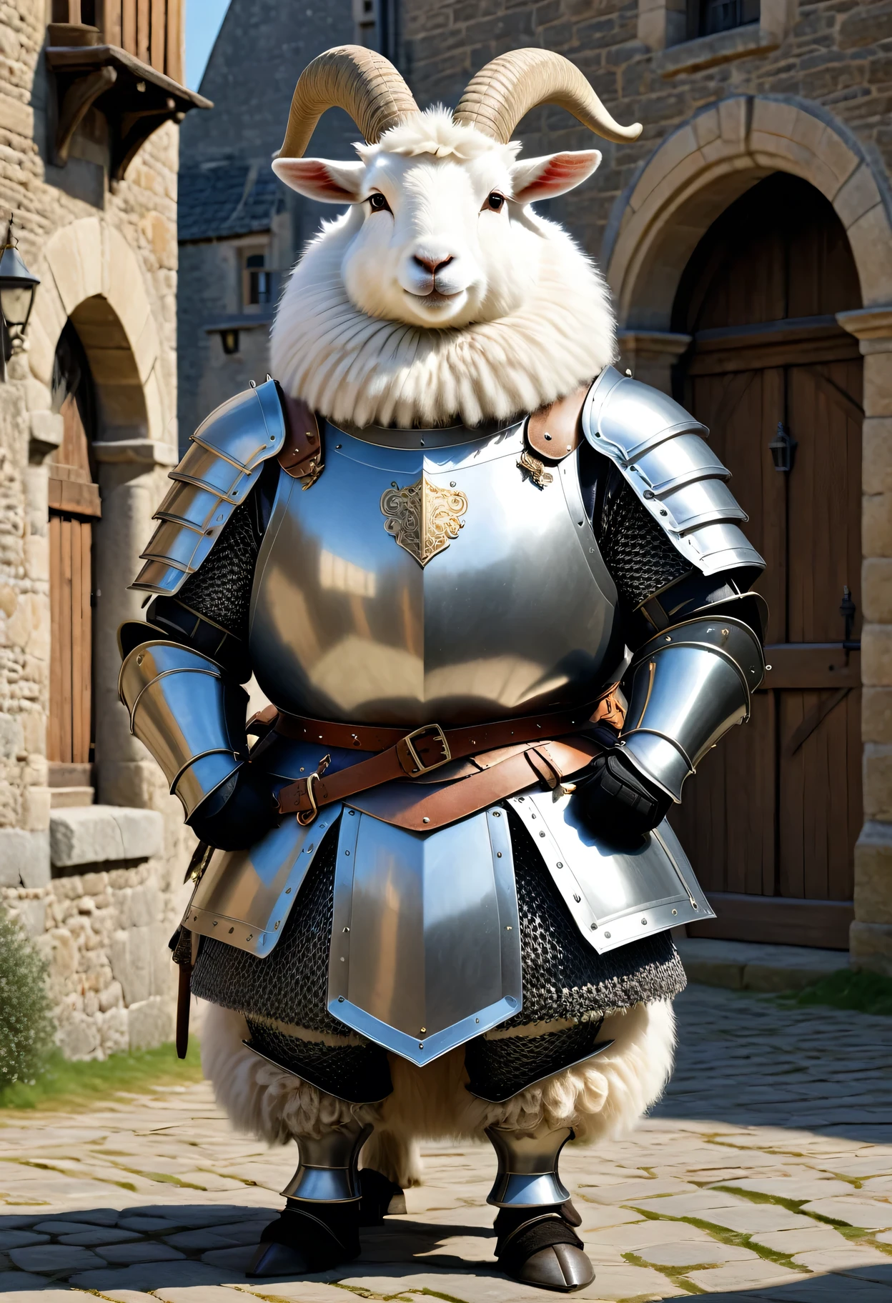 photorealistic portrait of Dressed animals - a ((fat)) (angora goat) knight,(hands on hips:1.5 ),(furry), high quality,(lovely) ,intricate details, highly detailed ((knight armor, greaves)) , highly detailed knight equipment , (happy), natural lighting,(full body image:2.0),(stone buildings background),score_9, score_8_up, score_7_up, score_6_up, score_5_up, score_4_up,