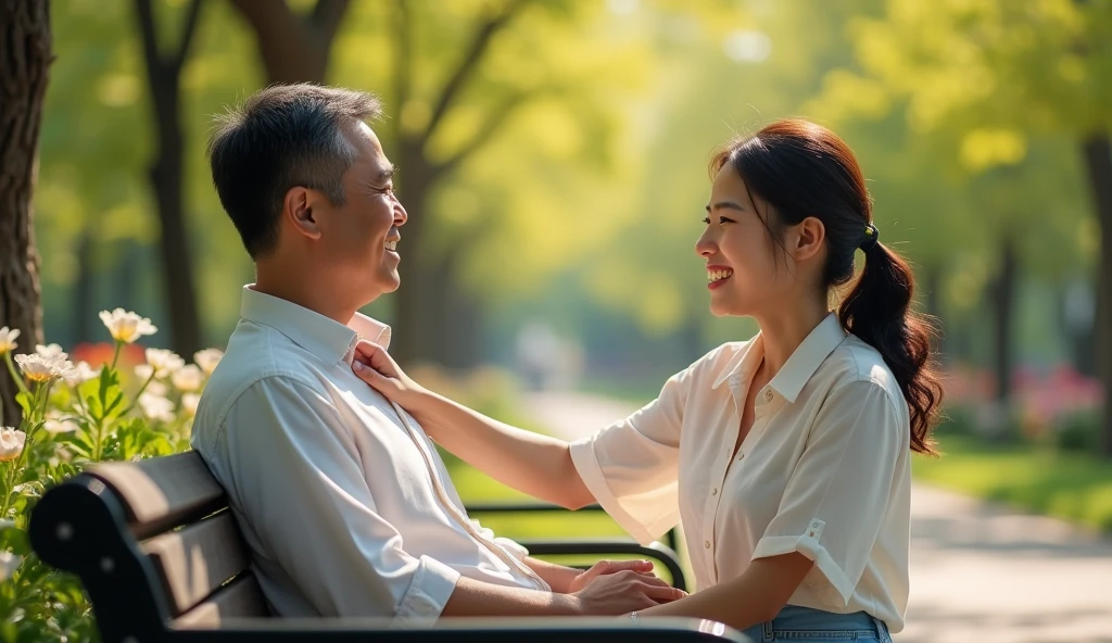 A man being touched by a friendly woman with a smile、Asian、Touching the body、bright、Park bench