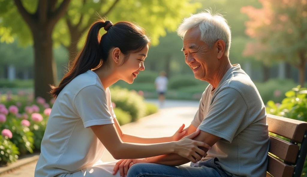 A man being touched by a friendly woman with a smile、Asian、Touching the body、bright、Park bench