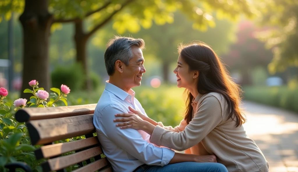 A man being touched by a friendly woman with a smile、Asian、Touching the body、bright、Park bench