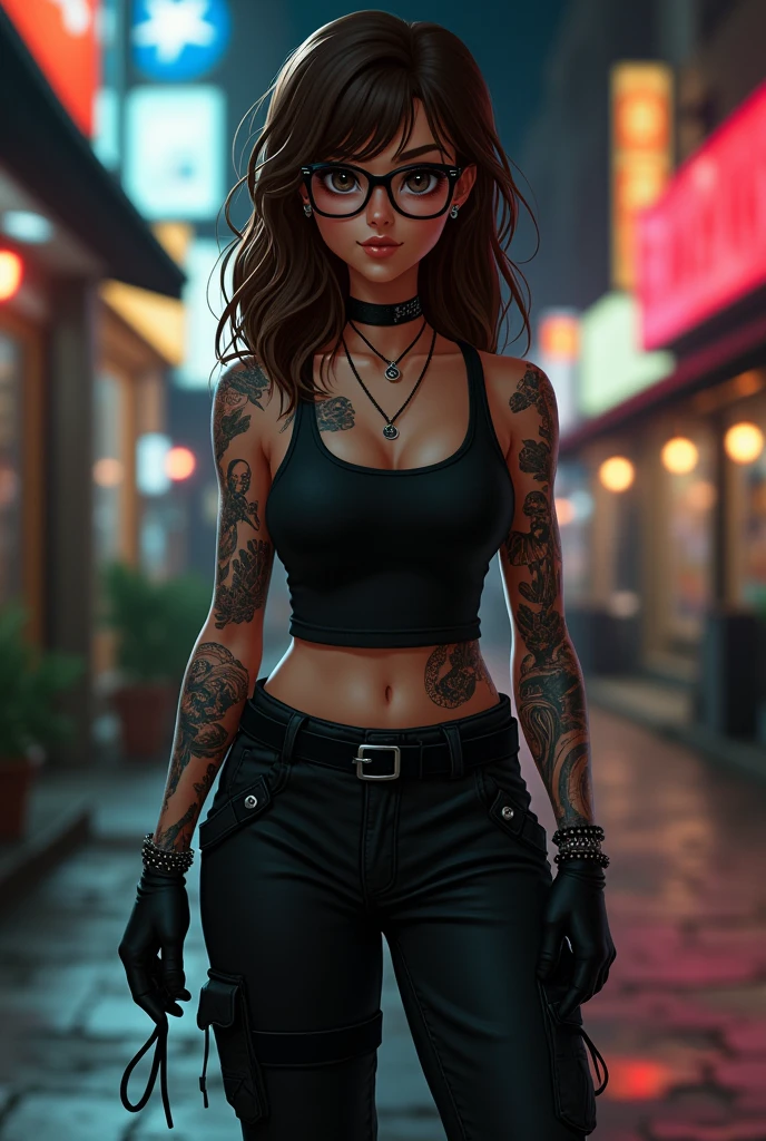 ((best quality)), ((masterpiece)), (detailed), perfect face Short 4’11, chubby, 2 woman with black glasses, long brown hair, covered in tattoos, wearing black cargo pants, a black tank top and combat boots, on a city street at night, realistic style