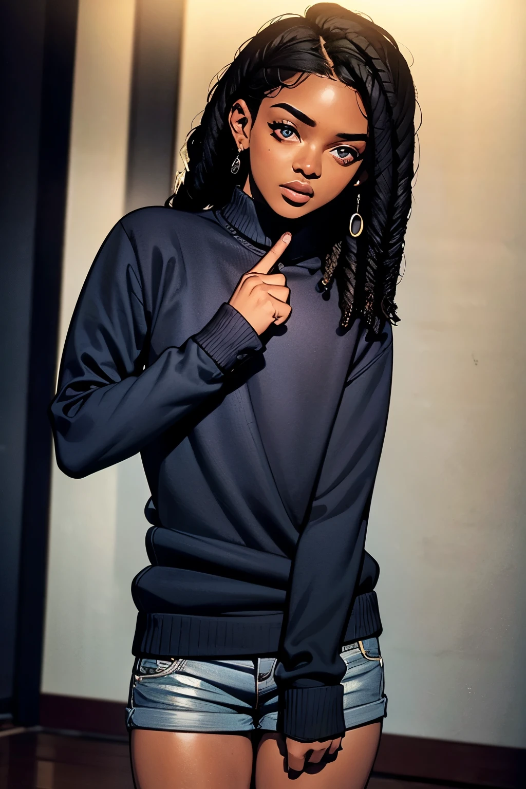 black boy wearing a blue sweater and shorts, detailed face and eyes, photorealistic, high quality, cinematic lighting, dramatic shadows, vibrant colors, 8k, hyperrealistic, masterpiece