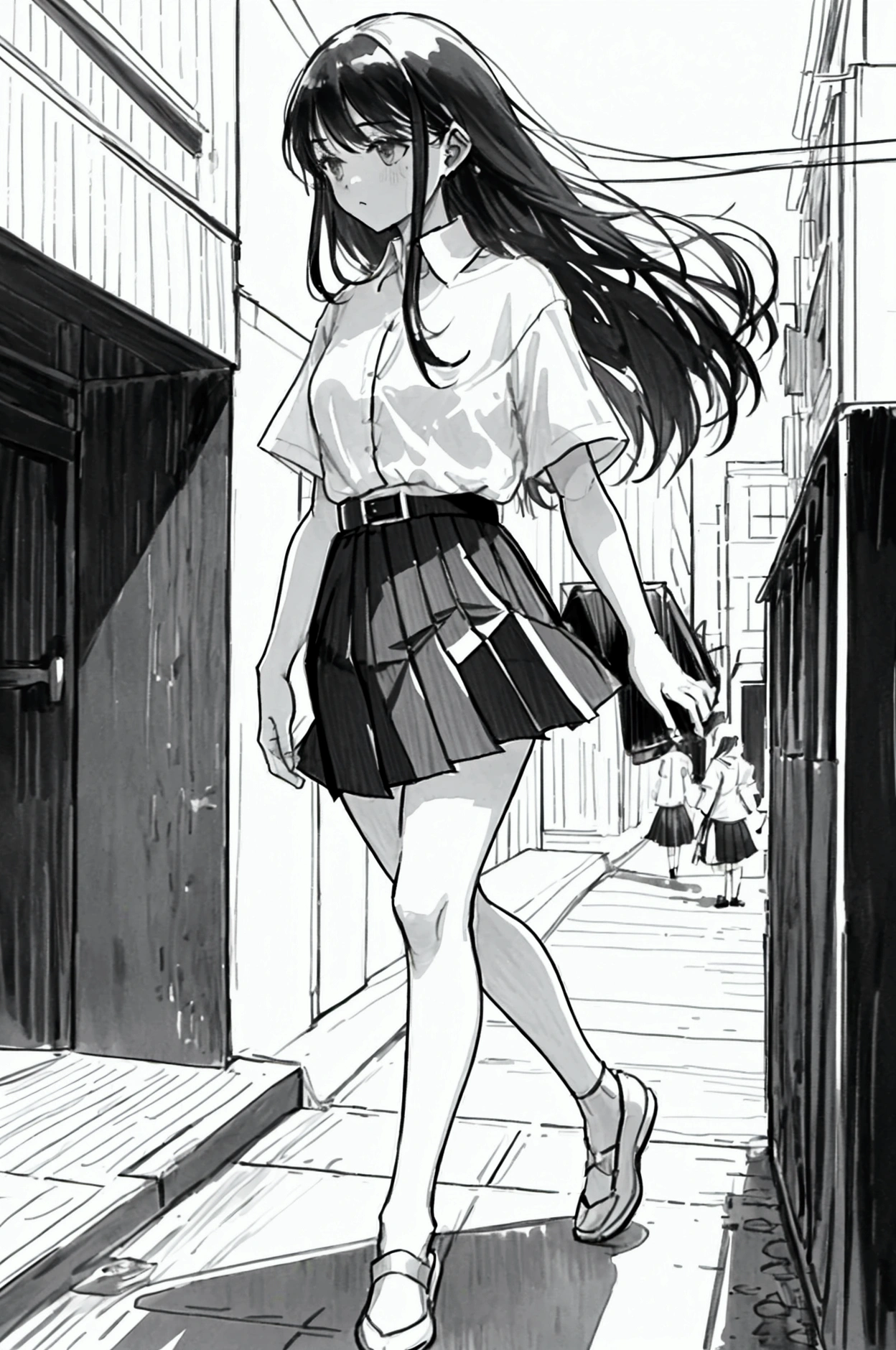 One Girl, Line art, Monochrome, sketch, Pencil drawing, Traditional Media, One Girl, skirt, Cute Teenage Girls, Beautiful portrait、Delicate body、Black Hair、long Hair, landscape, Black and White, HD wearing MAHALAIUNIFORM,(((WHITE SHIRT SHORT SLEEVES))),((BLACK polished LONG SKIRT)),((BLACK PLEATED SKIRT)),((white shirt short sleeves )),((black long skirt)),(belt) ((walk outside the apartment)) , ( and many people walking in background)