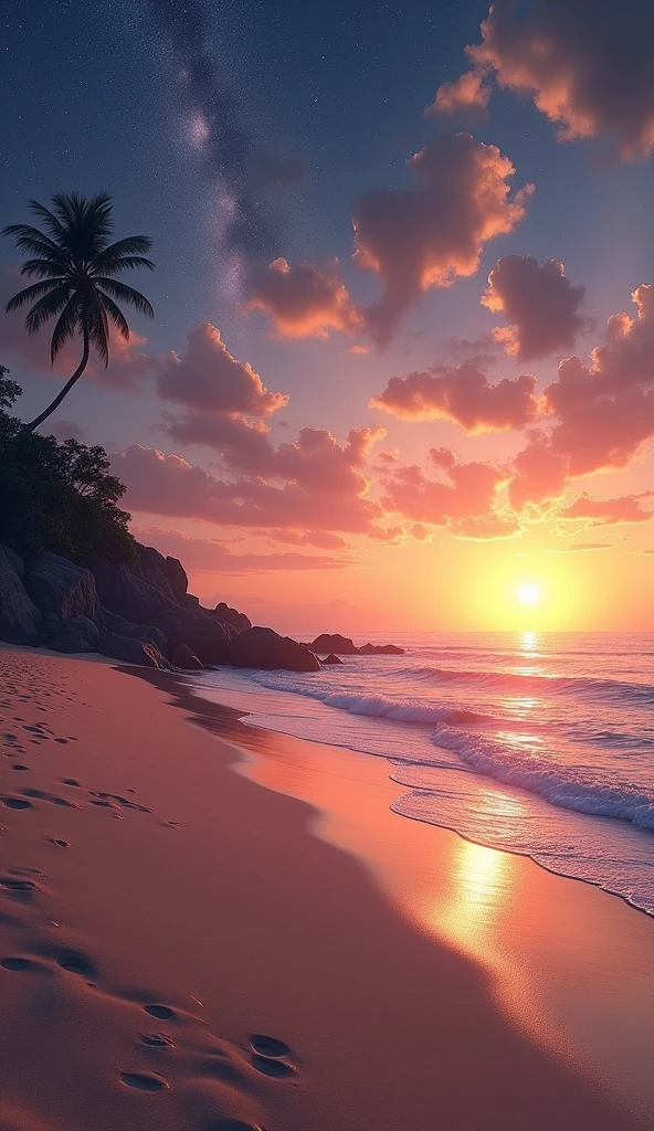Beach with sunset and dark stars

