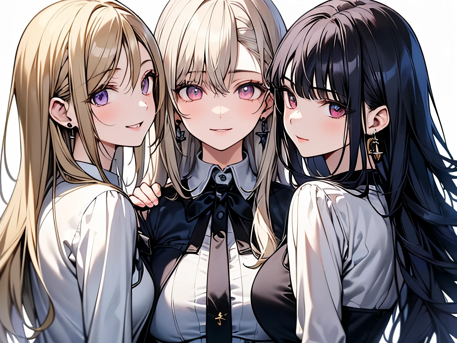 (((white blond hair:1.5、3 girls:1.5)))、((3 girls:1.5、forehead:1.5、Standing、Long eyelashes、Earrings、Earrings、high school girl:1.5、uniform:1.5、school uniform:1.5、Dress shirt、Long tie、Checked mini skirt、low angle shot:1.5、Gal:1.5、frontal face:1.5、A calm face、Purple Hair:1.5、Northern Europe、White、beautiful girl:1.5、White background、cute、Young、True Face、Shiny Hair、whole body))、overweight:1.5、masterpiece, best quality, ultra detailed, hyper detailed, beautiful, woman, medium shot, from front:1.5, leaping figure composition, midday, in focus with blurred background、 highest quality, figure, super detailed, finely, High resolution, 8k wallpaper, Perfect dynamic composition, detailed and beautiful eyes, Deco out,bionde, big breasts, Natural color lip,white background, random cute poses