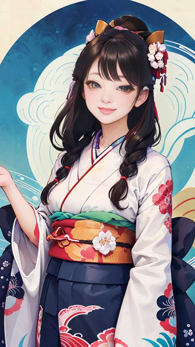 A beautiful woman smiles and shows her upper white teeth、Vividly colored Japanese Ukiyo-e style illustrations、(SeaArt creates stunning illustrations of beautiful women in kimono)、Brown-black long hair、Beautiful full body style、Let's dance a little Tokyo Ondo Yoiyoi、Beautiful new digital paintings,、Bright vibrant digital anime art、 Detailed digital anime art、 Beautiful anime portraits、background、Torii gate of a shrine in Kyoto, Japan、Detailed CG、