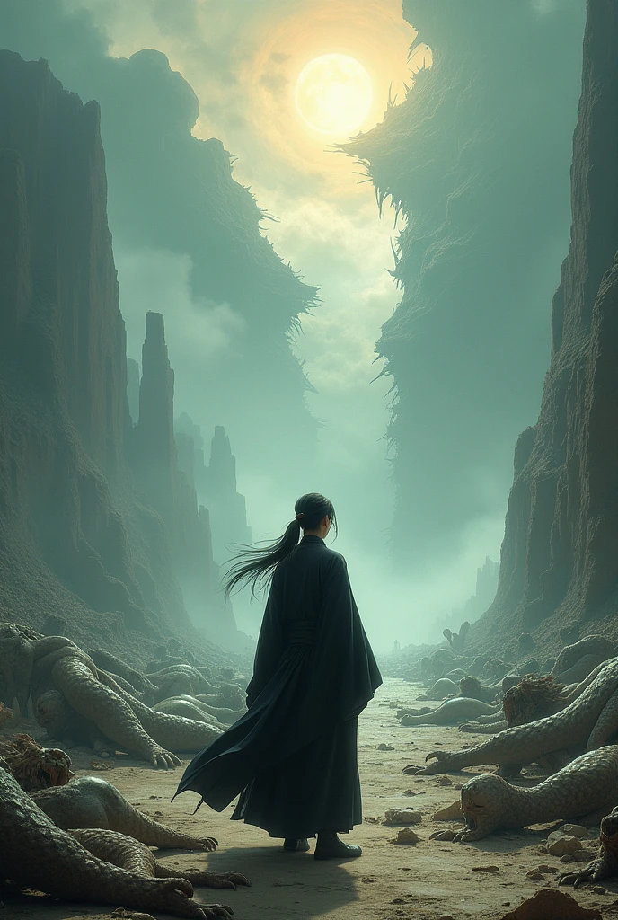 A young man with long hair on his back, tied with a tail and practices the path of the Dao in appropriate black clothing, As you look into the distance you see a battlefield with dead species of elves, dragons, giants among others while the sky collapses. Make it lively and bizarre