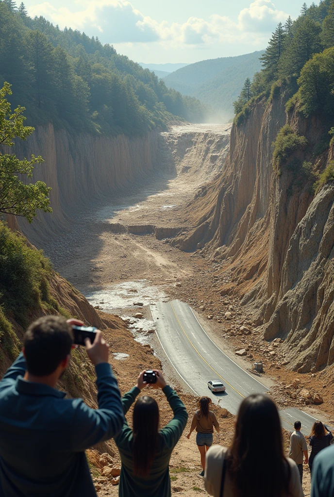 Landslide happened at the road and people are shock and taking photo about the incident,digital art
A realistic one and the landslide went into the road and blocking way for people to use the road ,please photo it from the top.i mean picture it from the drone side ,on top