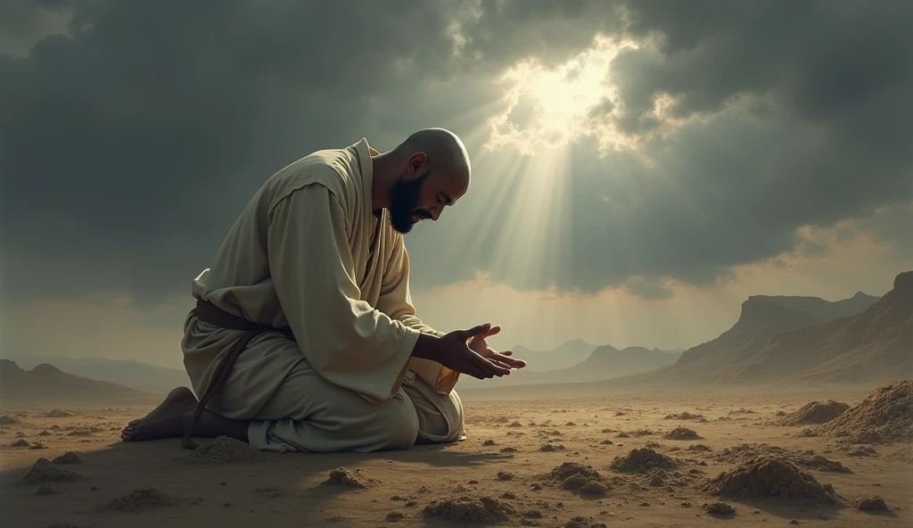 A deeply emotional biblical scene showing Job in a state of mourning and humility. He is depicted on his knees, with his face to the ground, in an arid landscape, his garments torn, and his head shaved as a sign of grief. The surrounding area is barren, reflecting the desolation he feels. Despite the overwhelming loss, Job is shown in a posture of worship, hands spread out as he prays. The sky above is a mix of dark clouds and a small ray of light, symbolizing his unwavering faith in God even in the midst of profound suffering, as described in the story of Job. cabeça branco e roupa rasgada