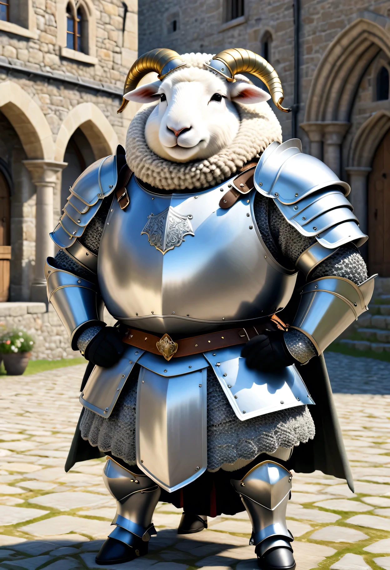 photorealistic portrait of Dressed animals - a ((fat)) (sheep) knight,(hands on hips:1.5 ),(furry), high quality,(lovely) ,intricate detailed platinum white armor, highly detailed ((knight armor, greaves, sabaton)) , highly detailed knight equipment , (happy), natural lighting,(full body image:2.0),(stone buildings background),score_9, score_8_up, score_7_up, score_6_up, score_5_up, score_4_up,