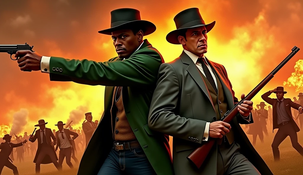 There are five men in suits and hats standing in a row, Turma de Peaky Blinders, mafia, Persianas Peaky, Road to Stillframe Doom, Figurinos de Peaky Blinders, Path to Doom, Persianas Peaky (2018), , mafioso, tiro matinal, mafia background hyper detailed, tiro largo, realismo, extremamente detalhado, luz cinematica, ambiente sombrio, disparando armas de fogo.