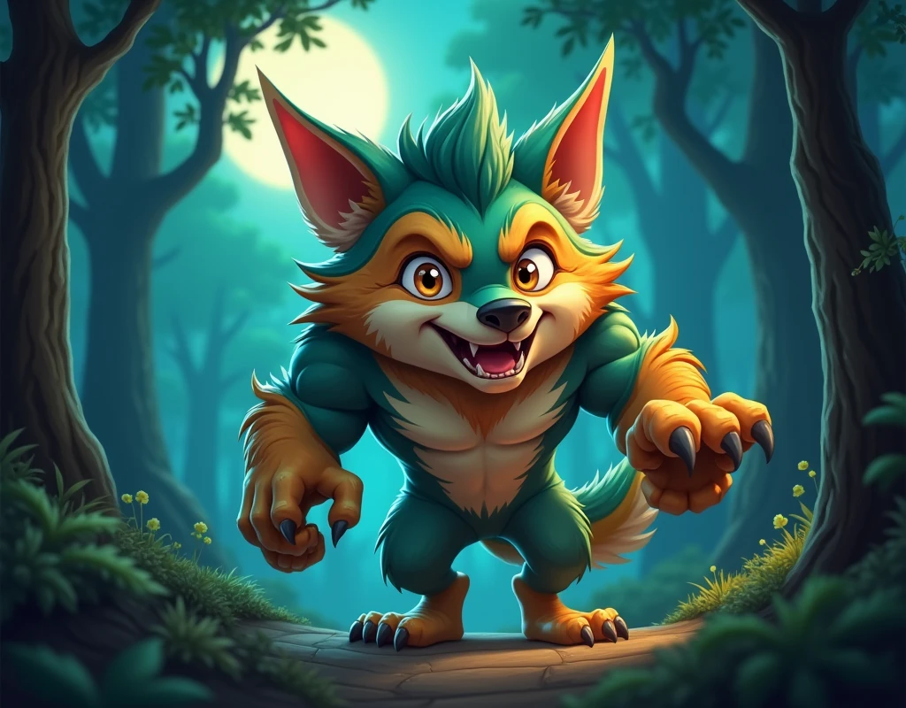 A muscular, anthropomorphic werewolf with a cute, wide-eyed face and large ears, covered in vibrant teal, orange, and green fur. It stands playfully in a dark, mystical forest, illuminated by soft moonlight filtering through the trees.