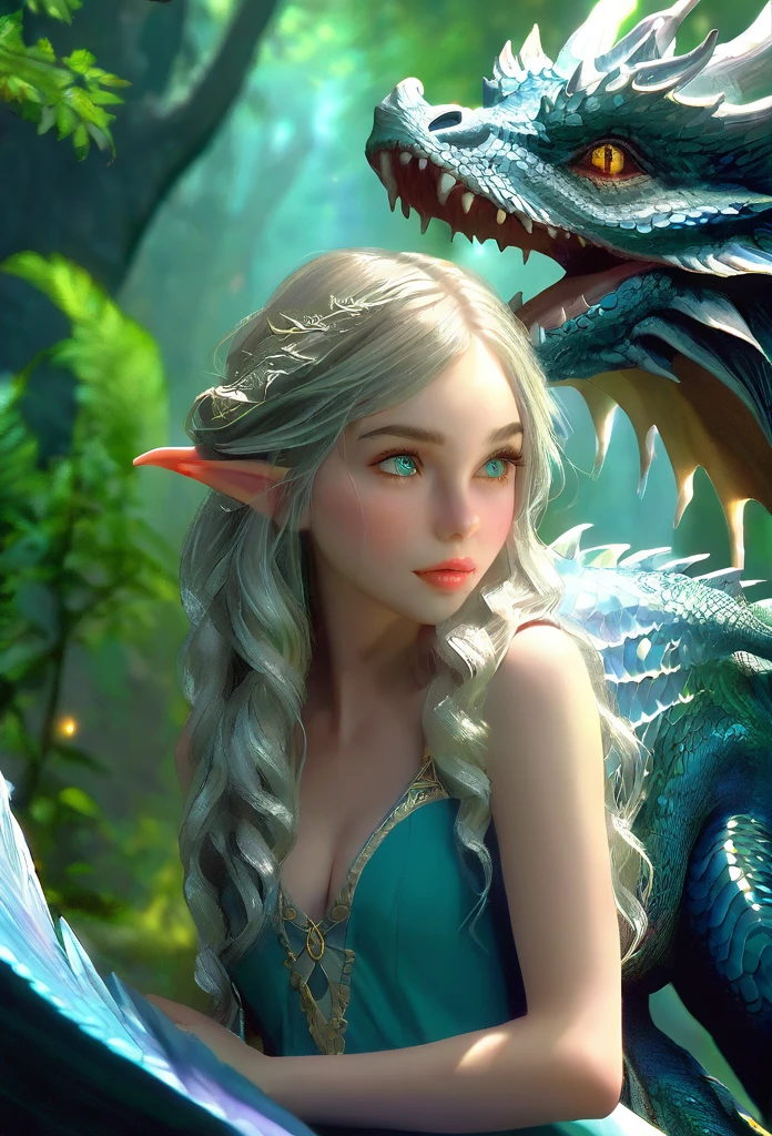 girl in a magical forest, elf girl, 1girl, beautiful detailed eyes, beautiful detailed lips, extremely detailed face and skin, long flowing hair, gracefully hugging a large dragon, dragon curls around the elf girl, dragon detailed scales and claws, fantasy, digital art, (best quality,4k,8k,highres,masterpiece:1.2),ultra-detailed,(realistic,photorealistic,photo-realistic:1.37),vivid colors, dramatic lighting, cinematic composition, epic fantasy scene