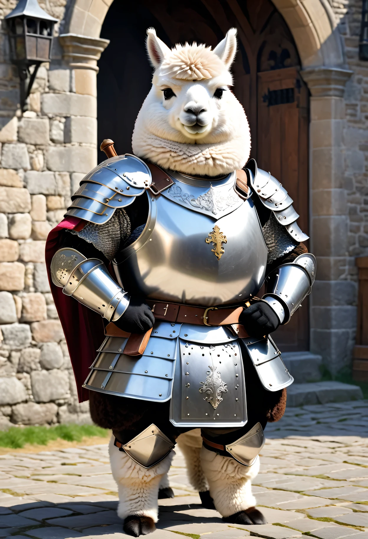photorealistic portrait of Dressed animals - a ((fat)) (alpaca) knight,(hands on hips:1.5 ),(furry), high quality,(lovely) ,intricate detailed platinum white armor, highly detailed ((knight armor, greaves, sabaton)) , highly detailed knight equipment , (happy), natural lighting,(full body image:2.0),(stone buildings background),score_9, score_8_up, score_7_up, score_6_up, score_5_up, score_4_up,