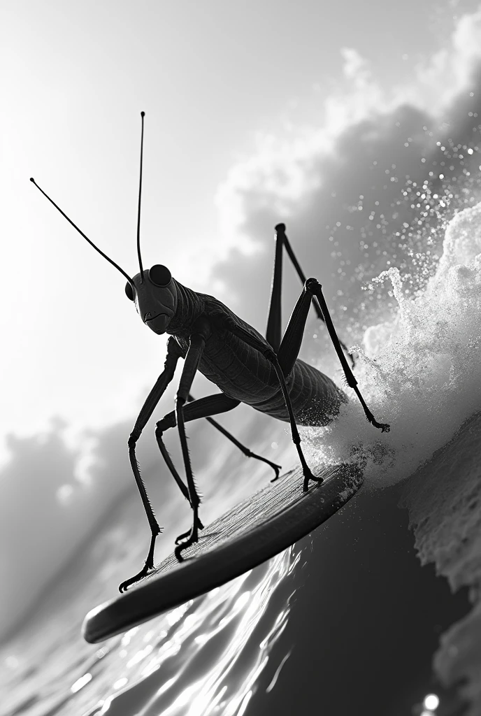 a grasshopper surfing. The image must be in black and white
