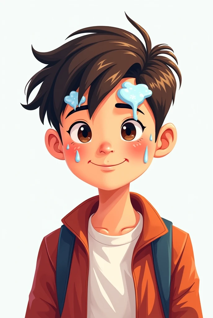 I am looking for an illustration of a student with wet cloths on his forehead. Drawing style: Modern and vector, with smooth, clean lines, and vibrant colors. Cartoonish but realistic. Color: Using a palette of bright and contrasting colors that are pleasant and eye-catching. FORMAT: Illustrations arranged in a book or manual style. This illustration is intended for a guidance and training manual, so it must be clear, accessible and visually appealing."