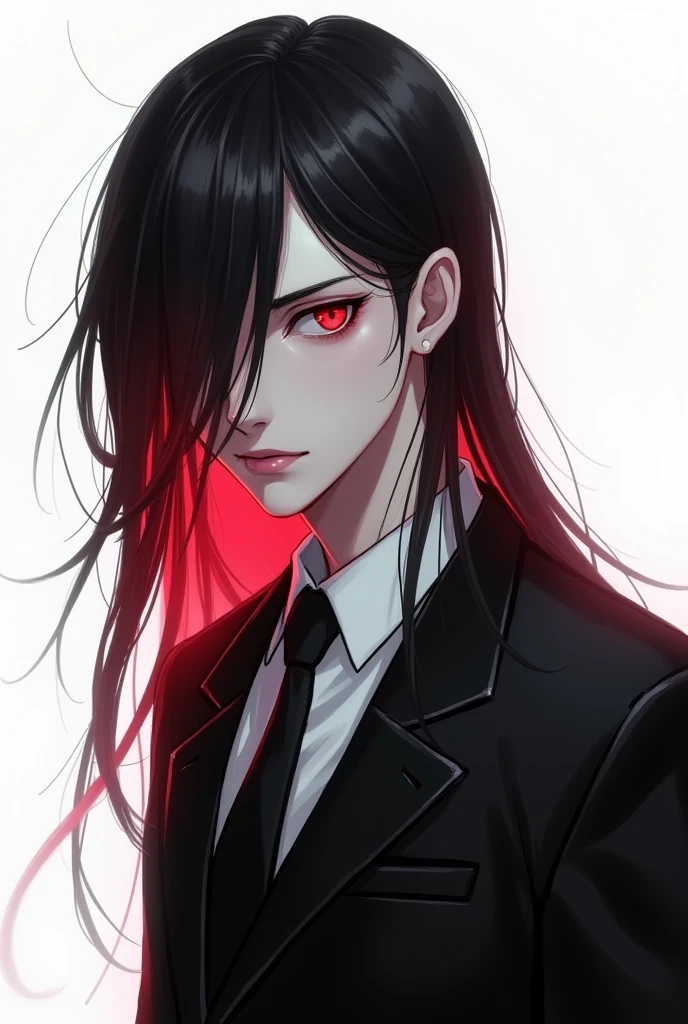 A man in a suit, long hair covering his ears, black hair fading to red, red eyes, white background.,Drawing