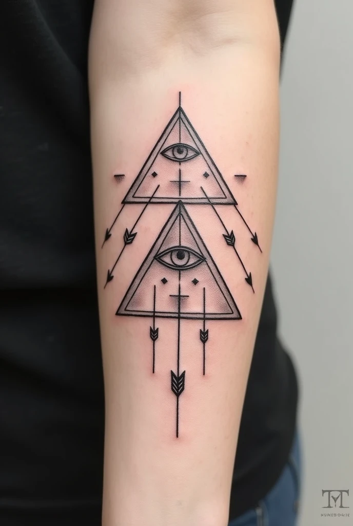 Linear style tattoo design on the forearm that has triangles and arrows in the middle of the triangle an eye and below more triangles and arrows
