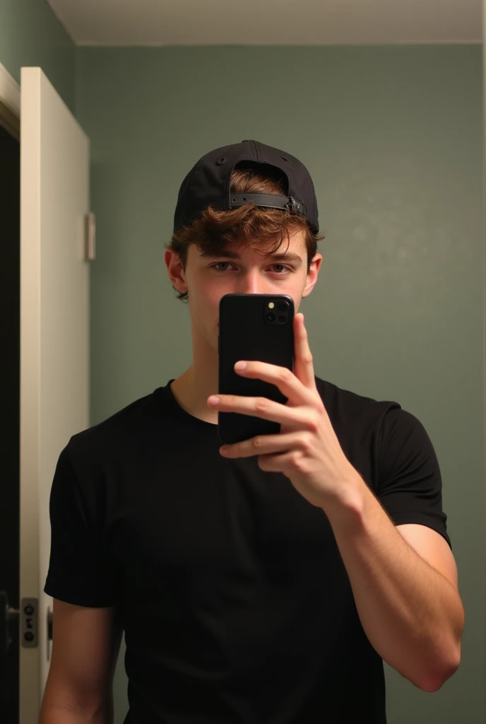 Make a fit teenager posing to take a photo in the bathroom mirror with his cell phone but not showing his full body and the cell phone covering his face and he is dressed in a black shirt and also has brown hair that is a little long but is wearing a cap