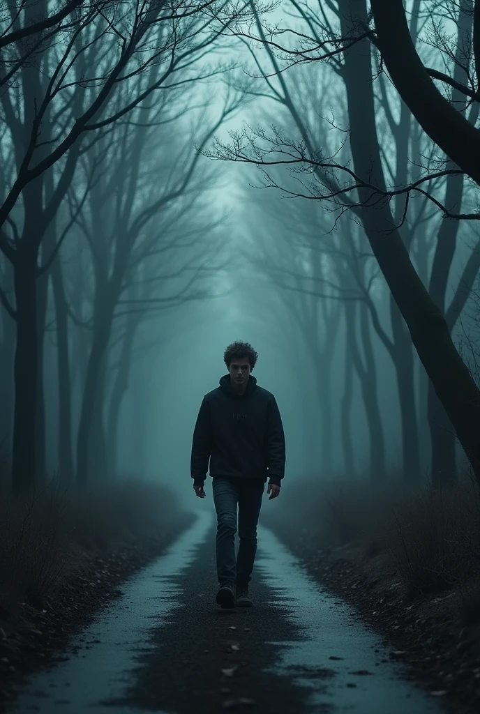 A young man walks home on a lonely road on the edge of a spooky forest.,heard the sound of mysterious footsteps behind him