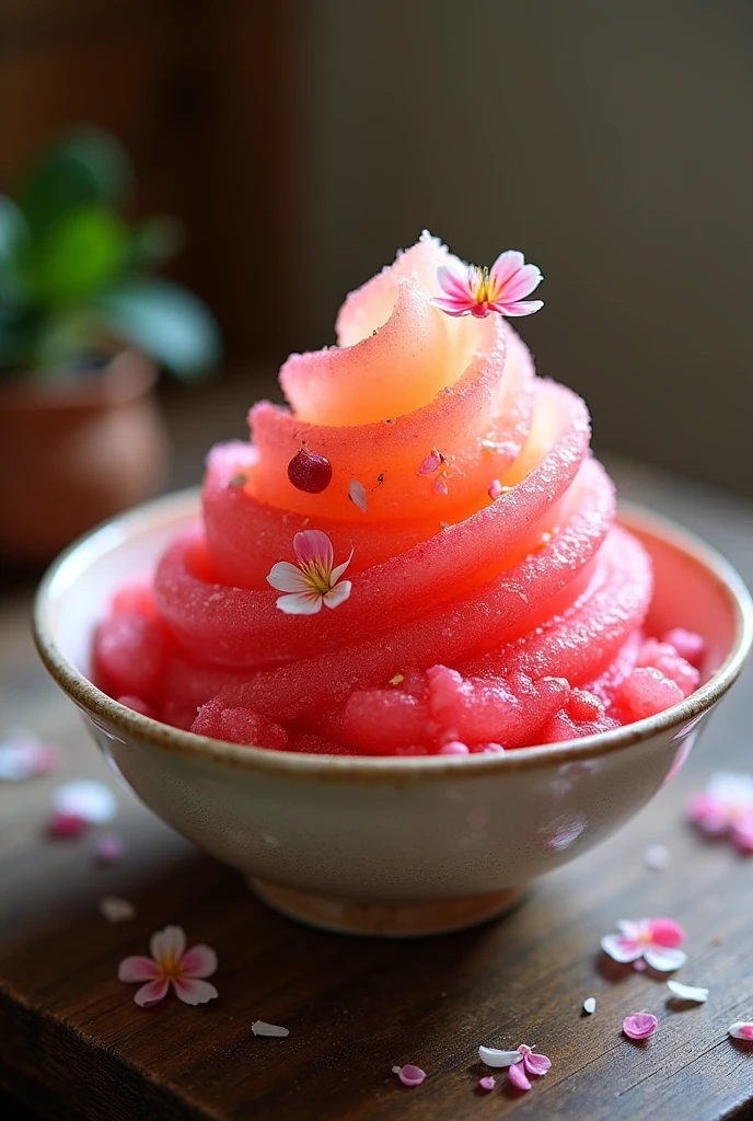 A homemade shaved ice with passion fruit and cherry jelly