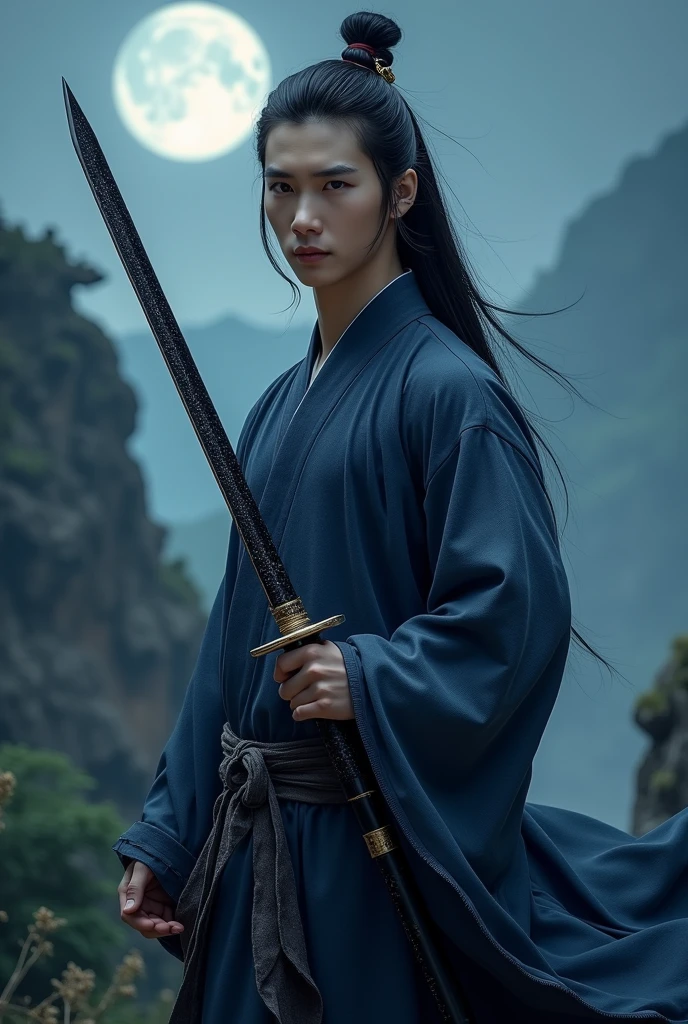 A photorealistic ultrahighdefinition image of a Miao dao (Seedling knife) Chinese two-handed saber with a slender blade glitters with moonlight and is held by a handsome slender Chinese swordsman with long black hair and dark blue robes.  The focus on the image is the Miao dao saber in the foreground pointed at the viewer, and the Chinese swordsman is holding it.  The background is an ancient Chinese mountain with a faint moon glowing overhead.