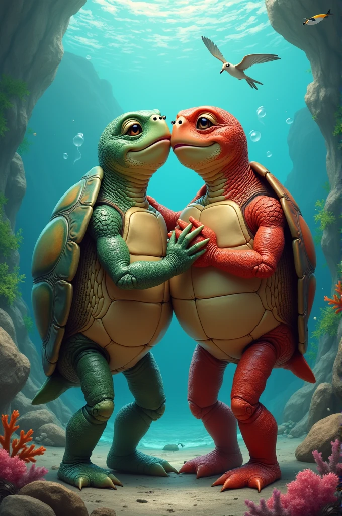 Turtles and lobsters are really in love with each other. Rocky and watery background