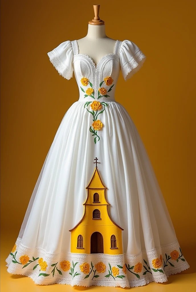 Generate a handmade wedding dress with the following characteristics:
Main color white Color of artisanal details yellow Oaxacan style With a church painted yellow in the middle part of the front of the dress Give me another example