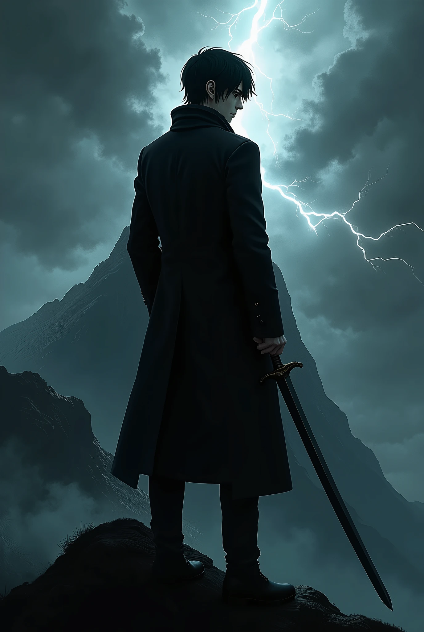 character description: The character is seen from behind, with the face turned slightly to the side, revealing only the right eye, which is brown and expresses a serious intensity. Your black hair, medium length and well-groomed, contrasts with the black overcoat he wears. In the right hand, holds a sword, whose presence adds an air of power and authority. He is in a dramatic setting, on top of a long mountain, as an intense storm unfolds around you. The stormy scenery and the lightning power he possesses further accentuate the character&#39;s imposing and enigmatic aura.."