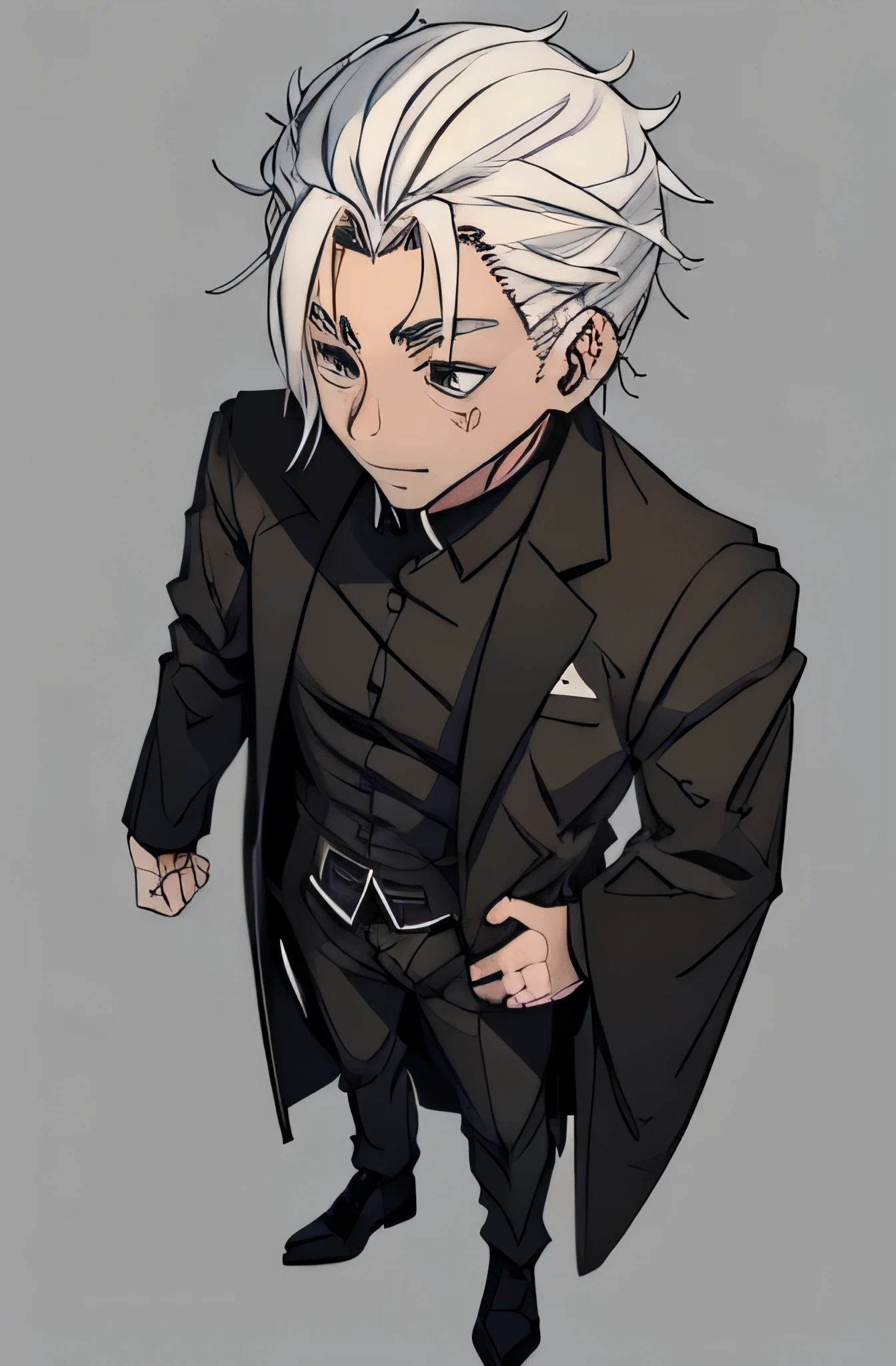 Japanese man with white hair in black suit full body