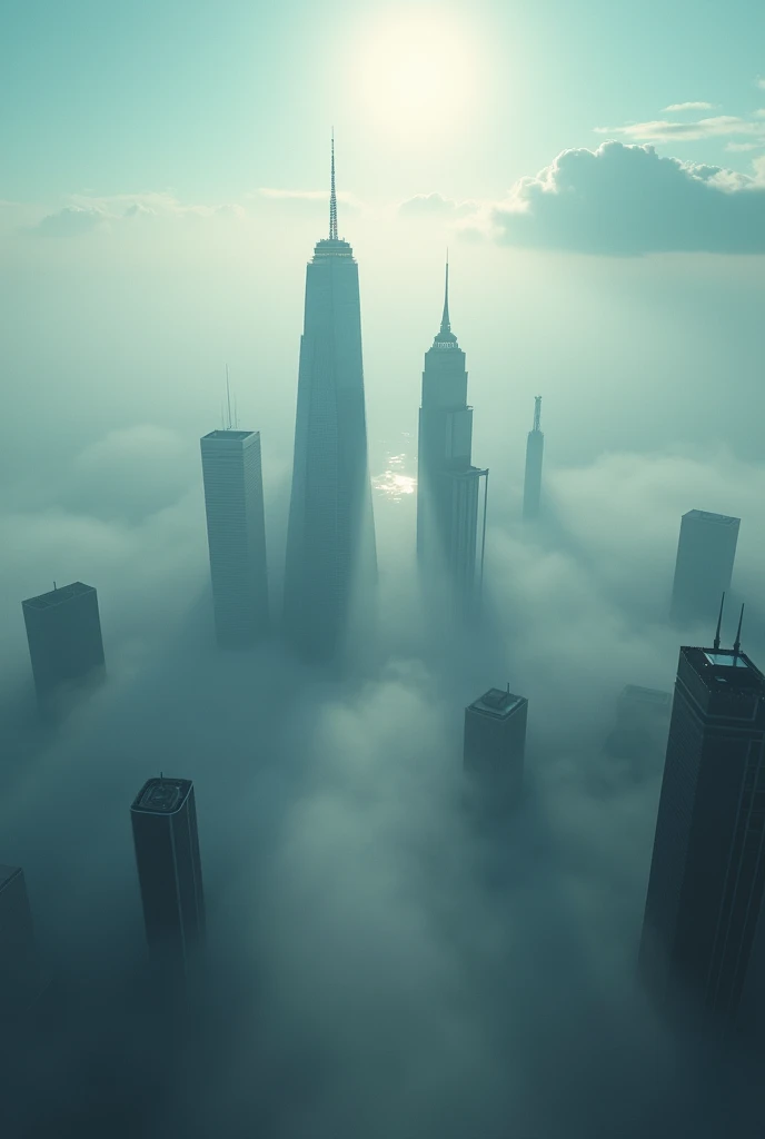 RAW photo, best quality, cinematic film still, From a fog engulfing a city, glistening skyscrapers reach towards the sun. They rise above the fog, reflecting the morning sun, (masterpiece, best quality, Professional, perfect composition, very aesthetic, absurdres, ultra-detailed, intricate details:1.3)