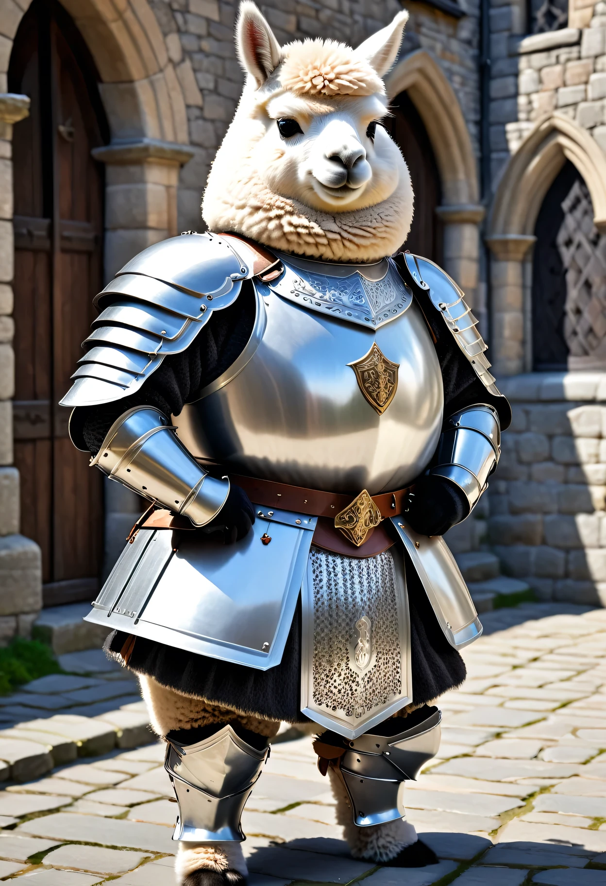 photorealistic portrait of Dressed animals - a ((fat)) (alpaca) knight,(hands on hips:1.5 ),(furry), high quality,(lovely) ,intricate detailed platinum white armor, highly detailed ((knight armor, greaves, sabaton)) , highly detailed knight equipment , (happy), natural lighting,(full body image:2.0),(stone buildings background),score_9, score_8_up, score_7_up, score_6_up, score_5_up, score_4_up,
