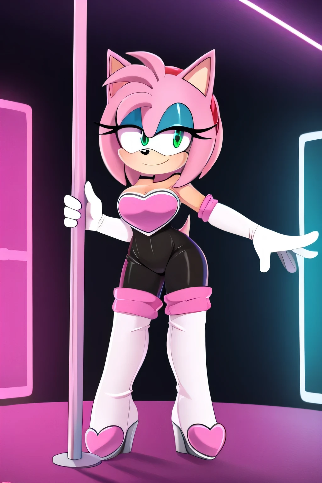 score_9, score_8_up, 2D, flat color, looking at viewer, (1girl), (solo), very detailed, extremely detailed, Amy Rose from the sonic the hedgehog series, portrait, smile, looking at viewers, hair down, hair bangs, large bust, milf, Rouge cosplay, cosplay, Rouge outfit, she wears a black skin-tight and strapless low-cut jumpsuit, a pink heart-shaped chest plate outlined with thin white trim, elbow-length white gloves and thigh-high high-heeled boots with pink cuffs to match them, with the latter featuring both gray soles and heels, along with steel toes in the appearance of pink hearts, matching her jumpsuit's chest plate, standing on a pole as she becomes a pole dancer, a night club with disco lighting