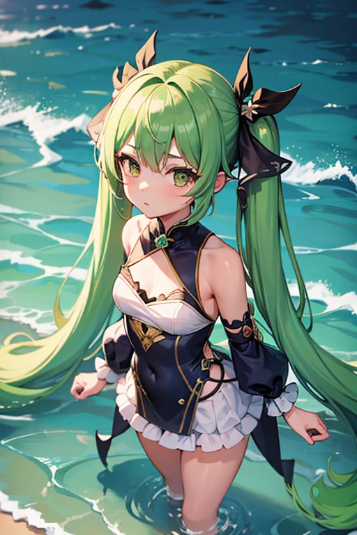 1 girl, standing alone, hair ornament, hair green, twintails, long hair, don, water, (Faruzan) do impacto genshin, looking ahead at viewer 