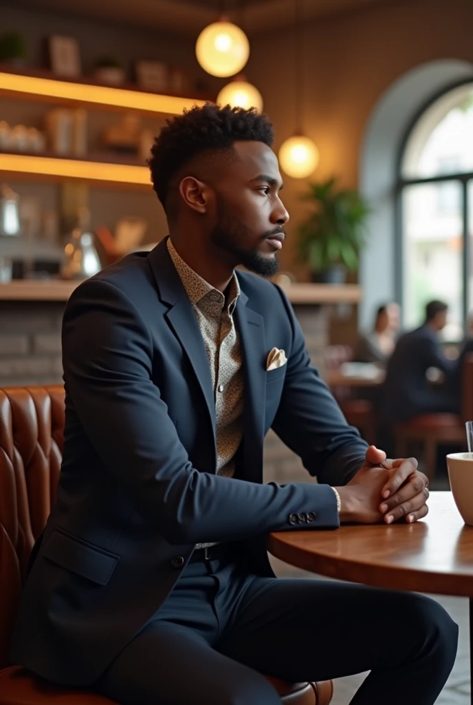 Somali boy age 25 wearing suit sitting in the coffee shop French crop haircut 